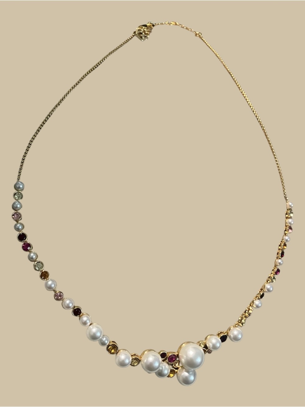 Gold Pearl Necklace with Multicolor Stones - Women's Jewelry